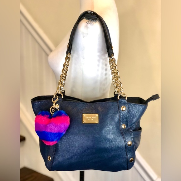 MICHAEL KORS Gold Studded Navy Blue Tumbled Leather Side Pocket Shoulder Bag NWT - Picture 3 of 16